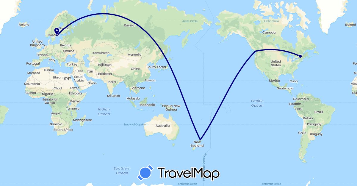 TravelMap itinerary: driving in Canada, New Zealand, Sweden (Europe, North America, Oceania)